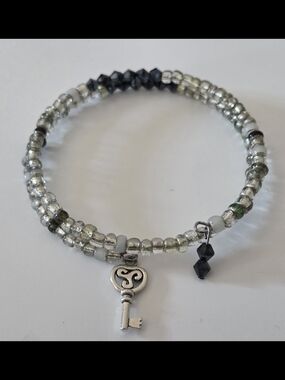 Silver and Black Beaded Key Charm Wrap Wrist  Bracelet for Women